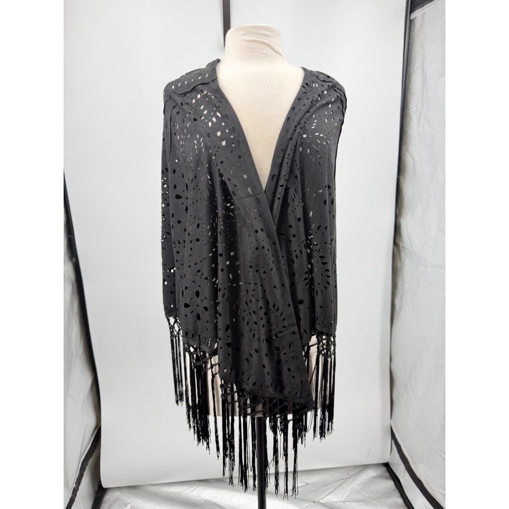 Soft Surroundings Laser Cut Wrap Women O/S faux suede Black Fringe Eyelet Shawl